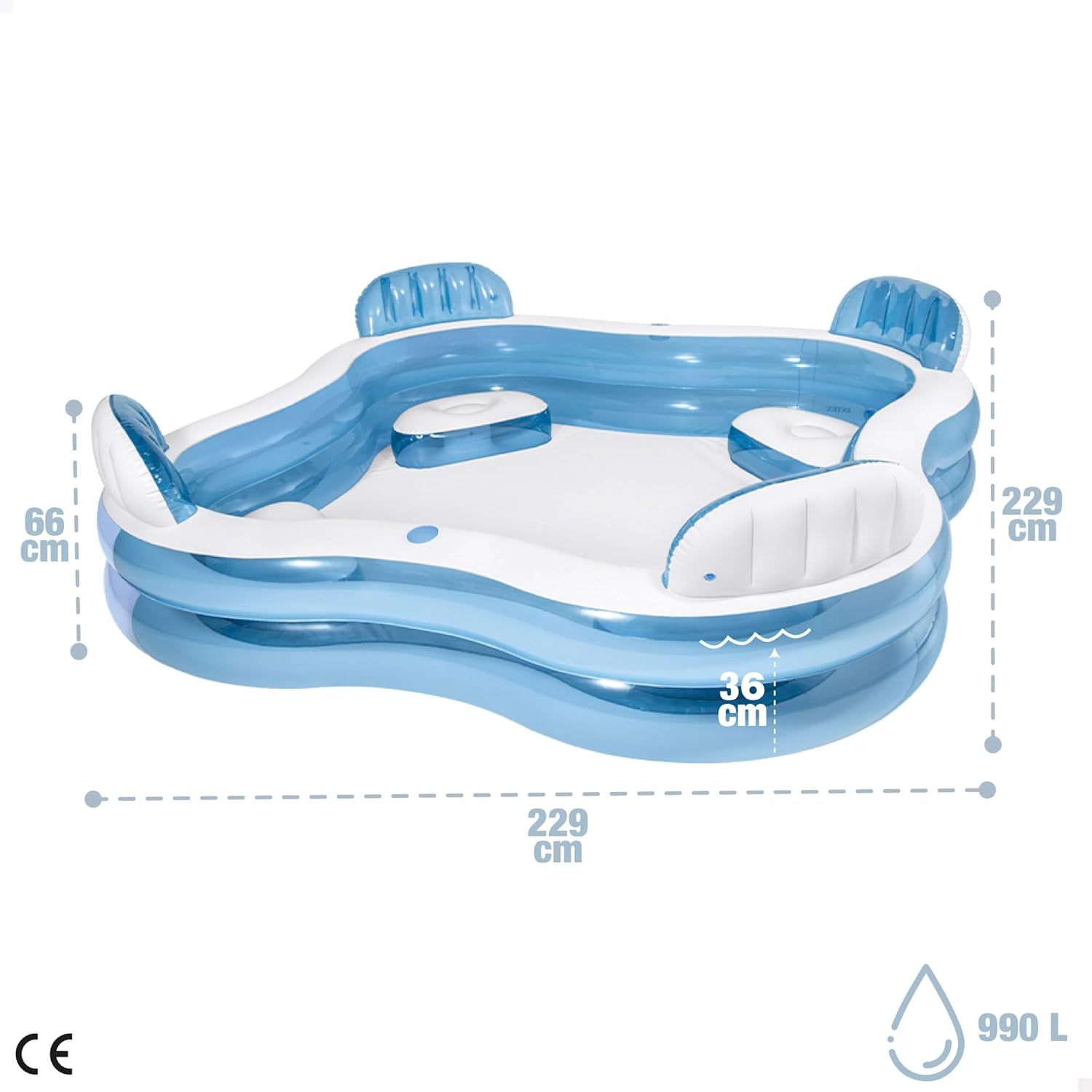 Intex 56475NP Familie lounge zwembad met 4 zitplaatsen, 229cm x 229cm x 66cm