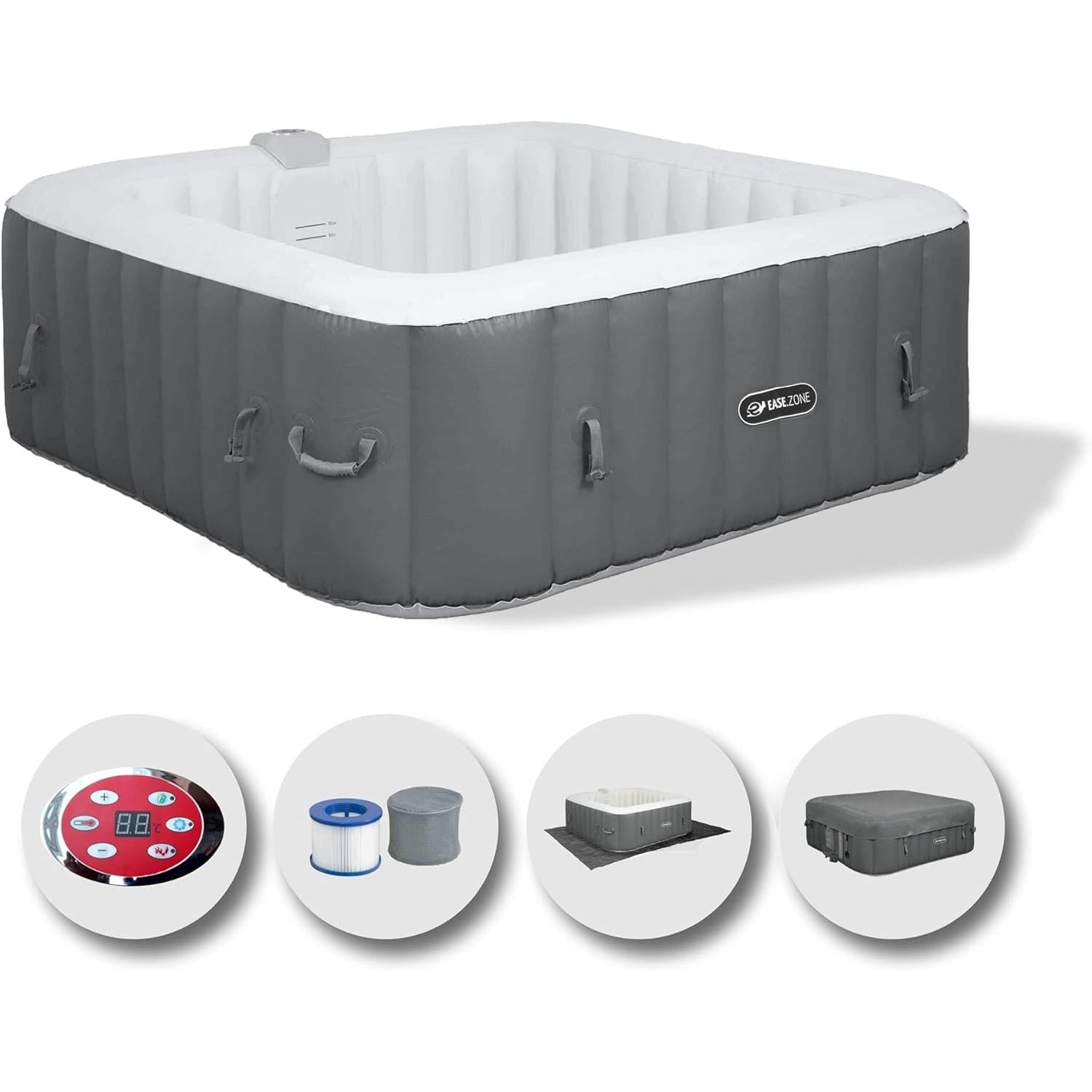 EASE.ZONE Opblaasbare Vierkante Verhittebare Whirlpool voor 4 personen, 145 x 145 x 65 cm, zeer stille pomp, grijs