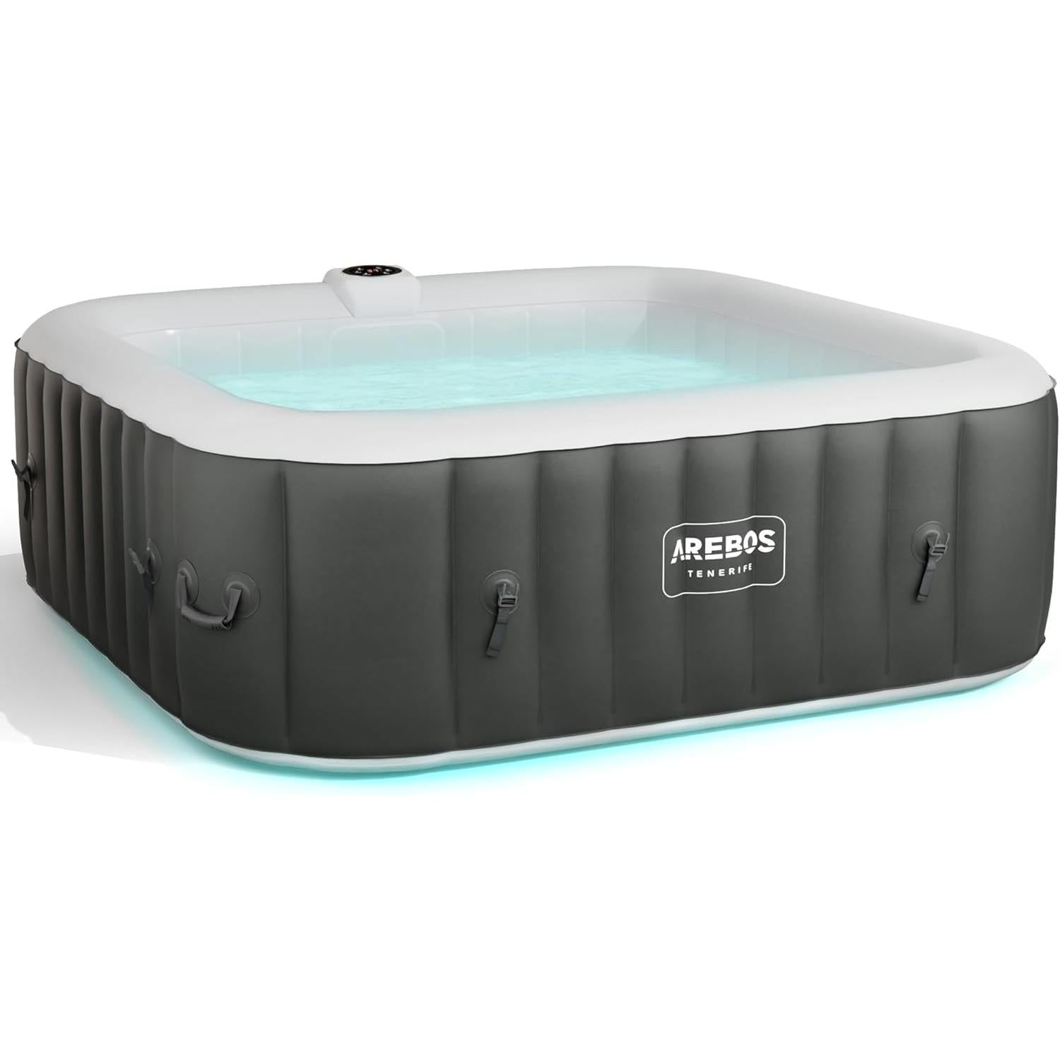 Arebos Spa Whirlpool 2400 W Automatisch opblaasbare binnen- en buitenwhirlpool voor 6 personen, 185 x 185 cm, LED-verlichting, 130 massagestralen, 910 L, inclusief hoes. Hot Spa & Wellness Massage
