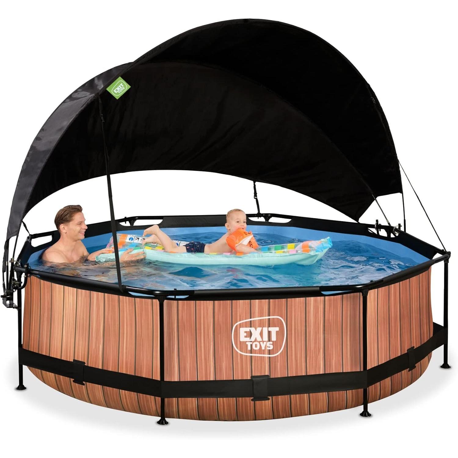 EXIT Toys Houten zwembad met zonnescherm - ø300x76cm - Ronde framezwembad met cartridgefilterpomp - Optimale UV-bescherming - Makkelijke toegang - Stevig frame - Uniek design - Bruin