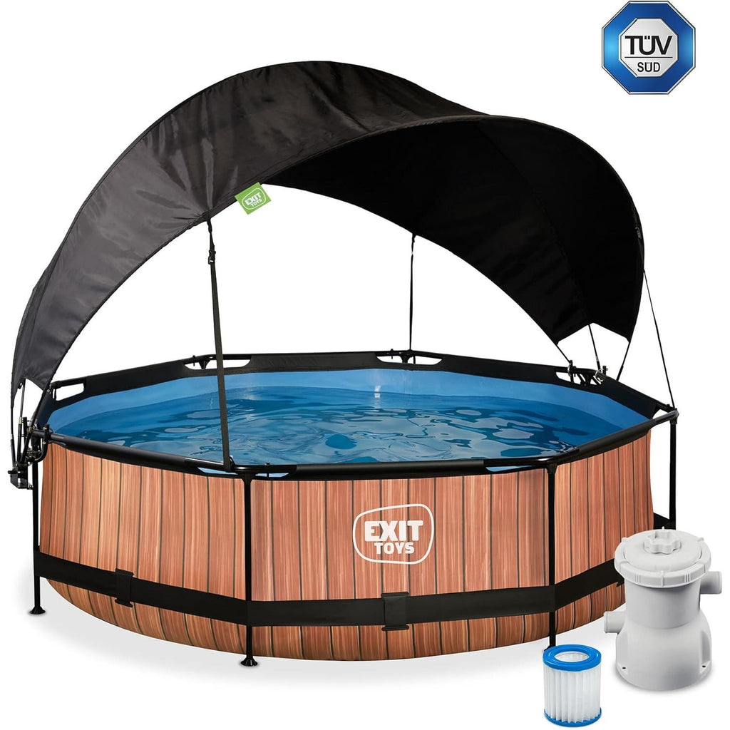 EXIT Toys Houten zwembad met zonnescherm - ø300x76cm - Rond frame zwembad met cartridgefilterpomp - Optimale UV-bescherming - Makkelijke toegang - Stevend frame - Uniek design - Bruin