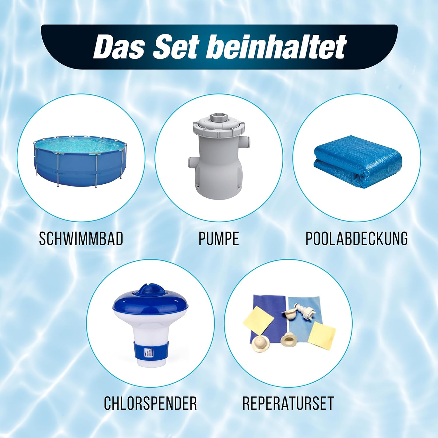Compleet set met filterpomp, beschermkap voor chemische dispenser en ronde stalen frame zwembad met diameter 300 x 76 cm
