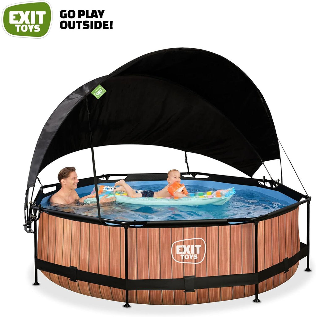 EXIT Toys Houten zwembad met zonnescherm - ø300x76cm - Rond frame zwembad met patroonfilterpomp - Optimale UV-bescherming - Makkelijke toegang - Stevig frame - Uniek ontwerp - Bruin