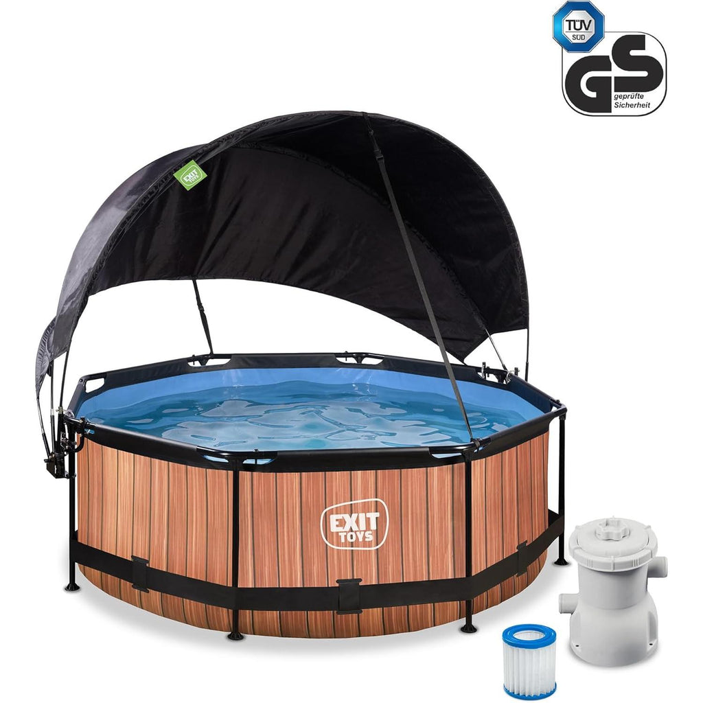 EXIT Toys Houten zwembad met zonnescherm - ø244x76cm - Compact, rond frame zwembad met cartridgefilterpomp - Optimale UV-bescherming - Eenvoudige toegang - Stevig frame - Uniek design - Bruin