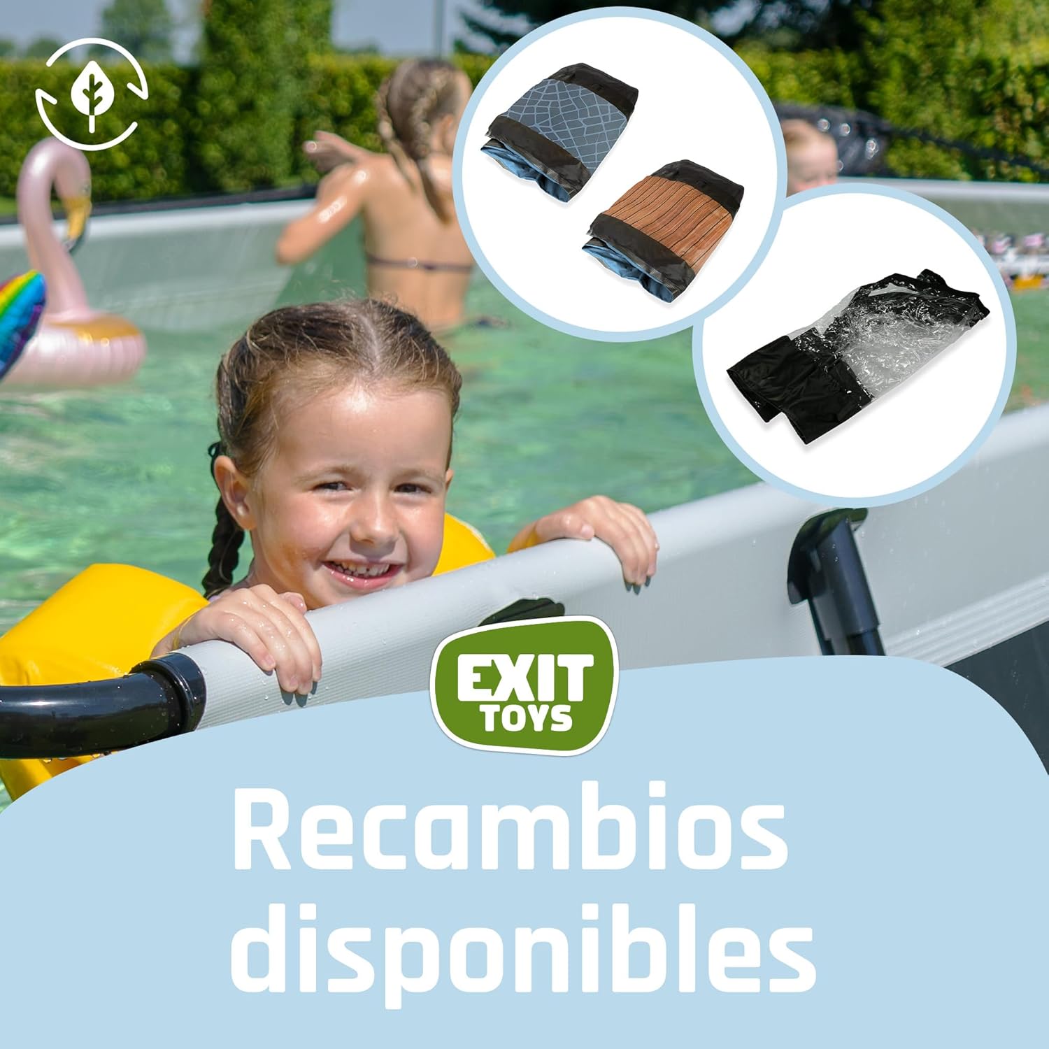 EXIT Toys Houten zwembad met zonnescherm - ø300x76cm - Rond frame zwembad met cartridgefilterpomp - Optimale UV-bescherming - Makkelijke toegang - Stevig frame - Uniek design - Bruin