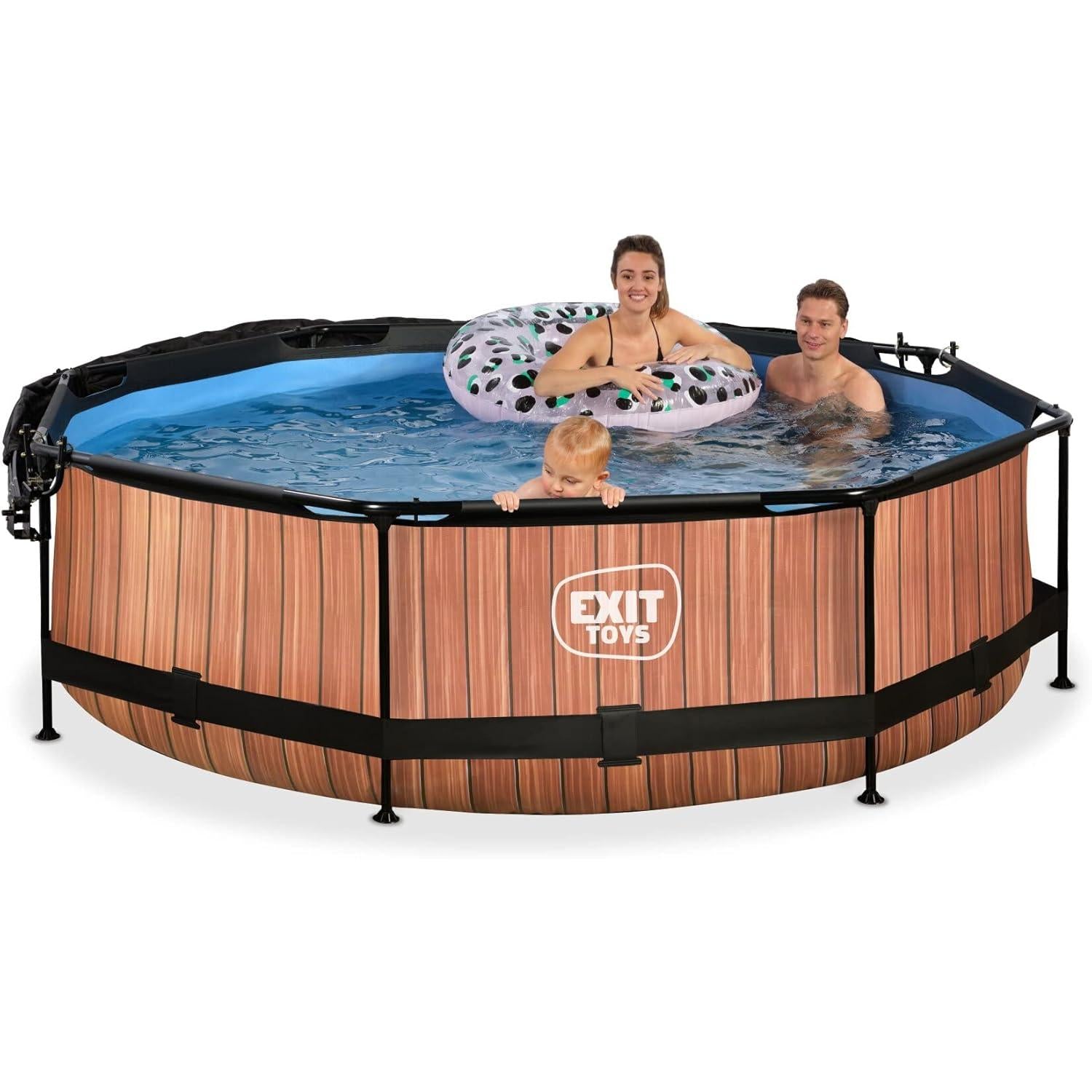EXIT Toys Houten zwembad met luifel - ø300x76cm - Ronde framezwembad met cartridgefilterpomp - Optimale UV-bescherming - Makkelijke toegang - Stevig frame - Uniek design - Bruin