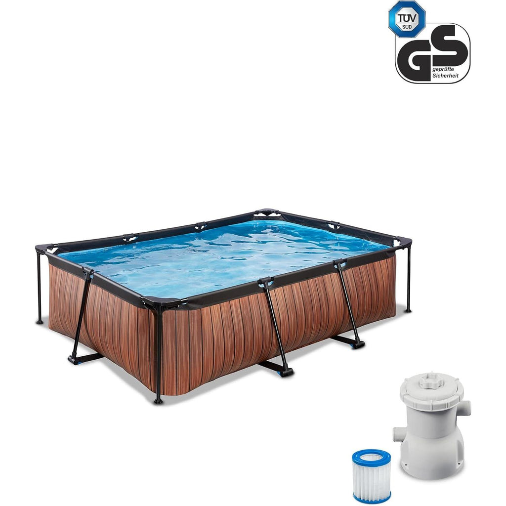 EXIT Toys Houten zwembad - 220x150x65cm - Rechthoekig, compact frame zwembad met cartridgefilterpomp - Gemakkelijk bereikbaar - Geschikt voor peuters - Stevig frame - Uniek design - Bruin