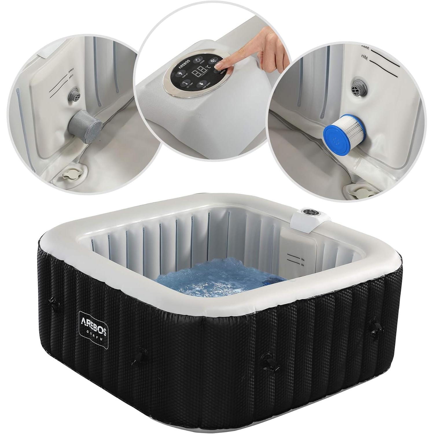 Arebos Whirlpool met LED-verlichting | 6 kleuren | Opblaasbaar | Vierkant | Binnen en buiten | Voor 4 personen | 100 massagestrallen | Met verwarming | 600 L | Inclusief afdekzeil