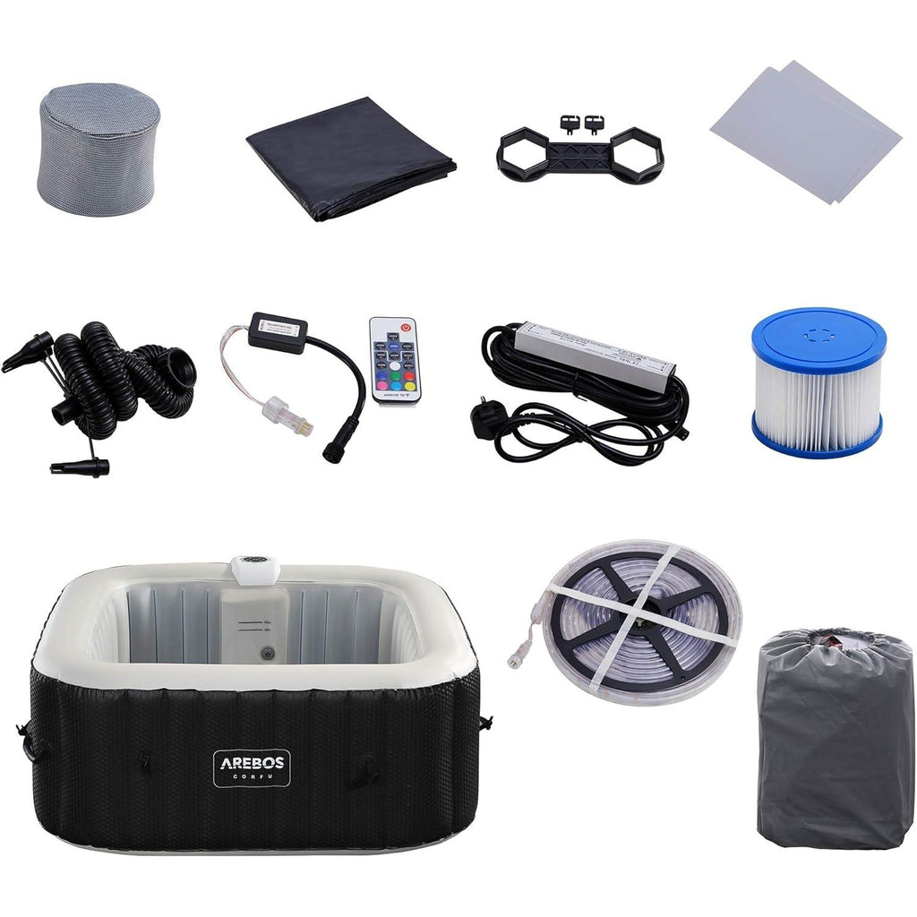 Arebos Whirlpool met LED-verlichting | 6 kleuren | Opblaasbaar | Vierkant | Voor binnen en buiten | Voor 4 personen | 100 massagestralen | Met verwarming | 600 L | Inclusief afdekking