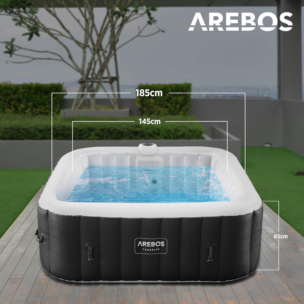 Arebos Spa Whirlpool 2400 W Automatisch opblaasbare binnen- en buitenwhirlpool voor 6 personen, 185 x 185 cm, LED-verlichting, 130 massagestromen, 910 L, inclusief hoes Hot Spa & Wellness Massage