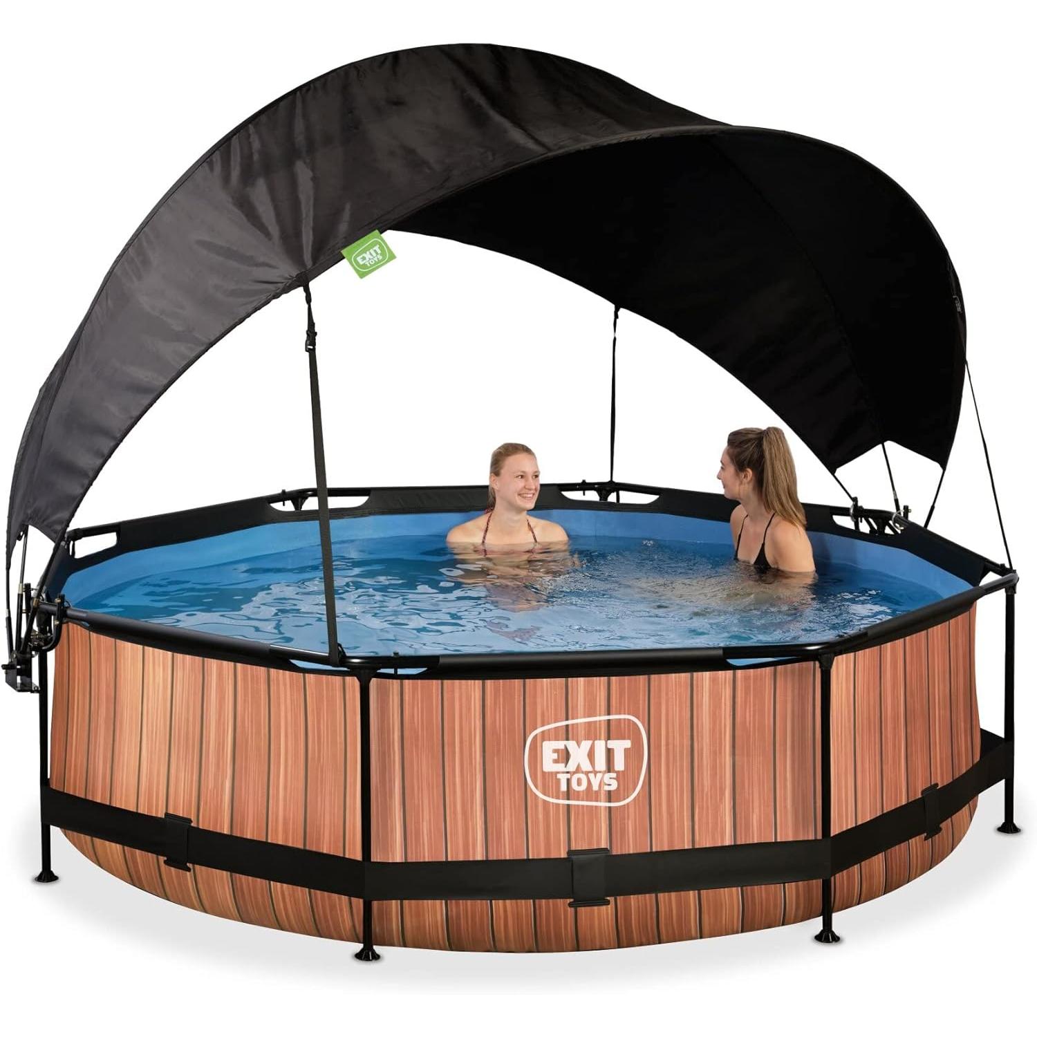 EXIT Toys Houten zwembad met zonnescherm - ø300x76cm - Ronde framezwembad met patroonfilterpomp - Optimale UV-bescherming - Eenvoudige toegang - Stevig frame - Uniek design - Bruin