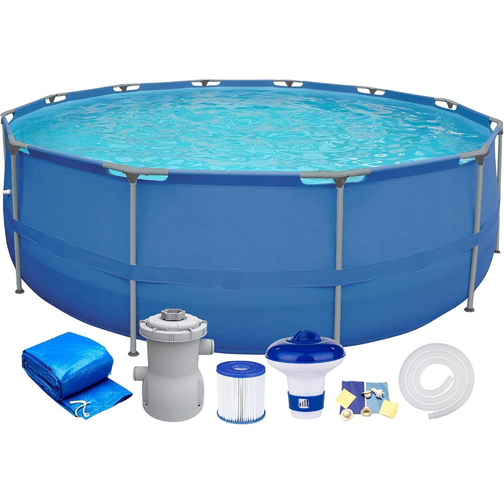 Compleet set met filterpomp, beschermkap voor chemische dispenser, ronde stalen frame zwembad met doorsnee 300 x 76 cm