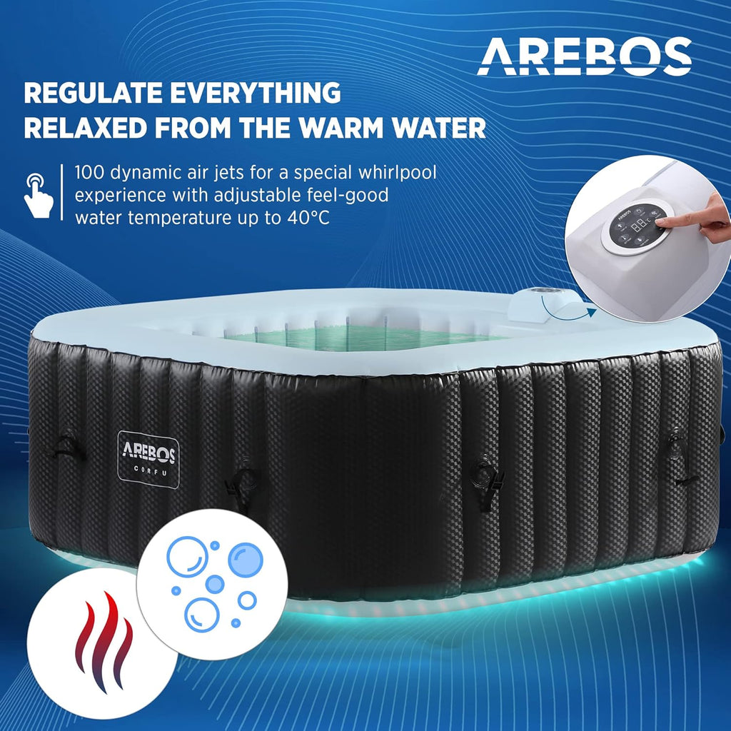 Arebos Whirlpool met LED-verlichting | 6 Kleuren | Opblaasbaar | Vierkant | Voor Binnen en Buiten | Geschikt voor 4 Personen | 100 Massagestraalen | Met Verwarming | 600 L | Inclusief Hoes