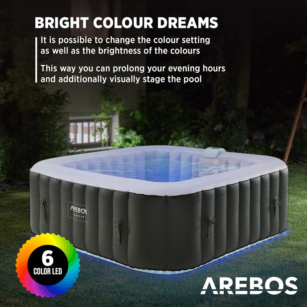 Arebos Spa Whirlpool 2400 W Automatisch opblaasbare binnen- en buitenwhirlpool voor 6 personen, 185 x 185 cm, LED-verlichting, 130 massagestralen, 910 L, inclusief hoes. Hot Spa & Wellness Massage