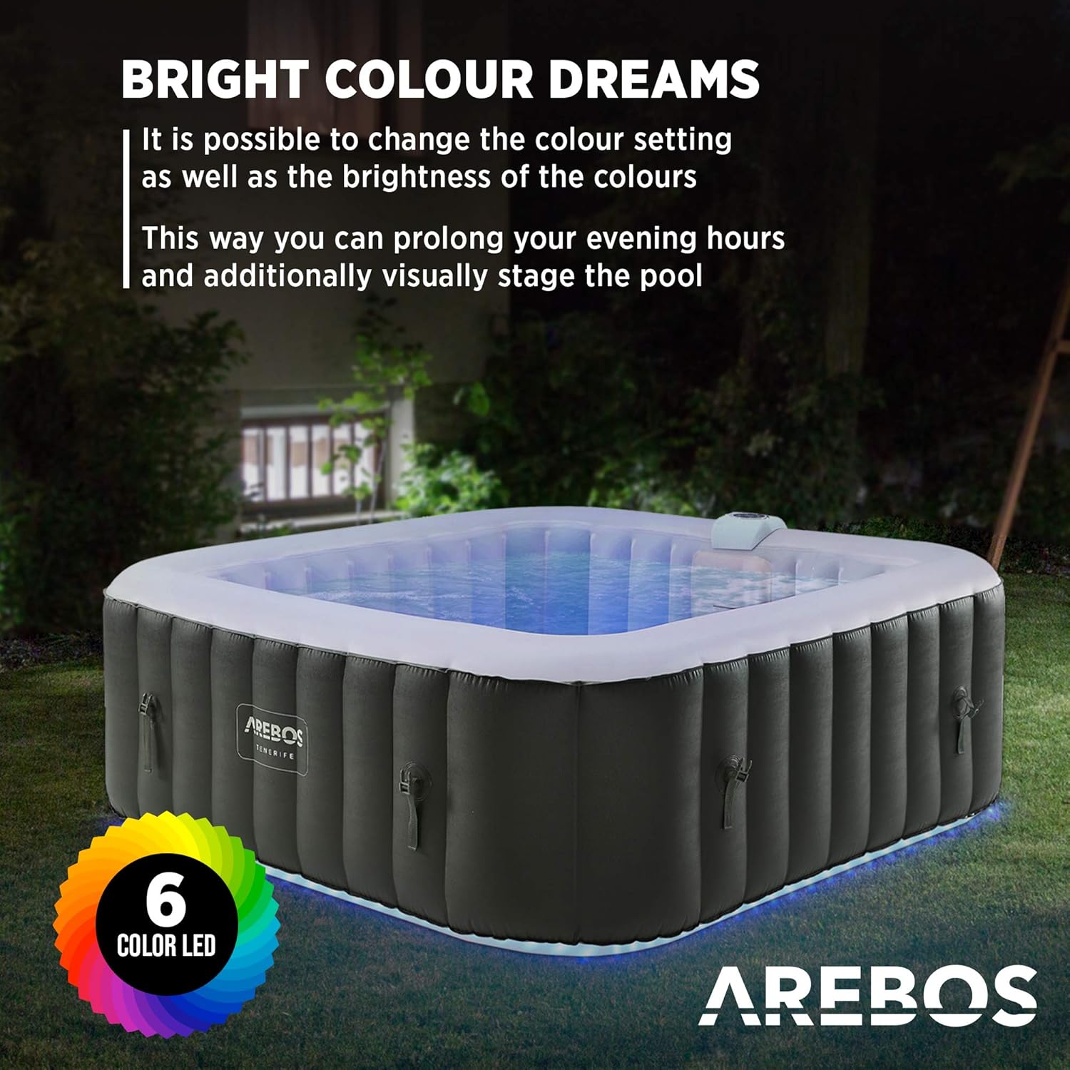 Arebos Spa Whirlpool 2400 W Automatisch opblaasbare binnen- en buitenwhirlpool voor 6 personen, 185 x 185 cm, LED-verlichting, 130 massagestralen, 910 L, inclusief hoes. Hot Spa & Wellness Massage