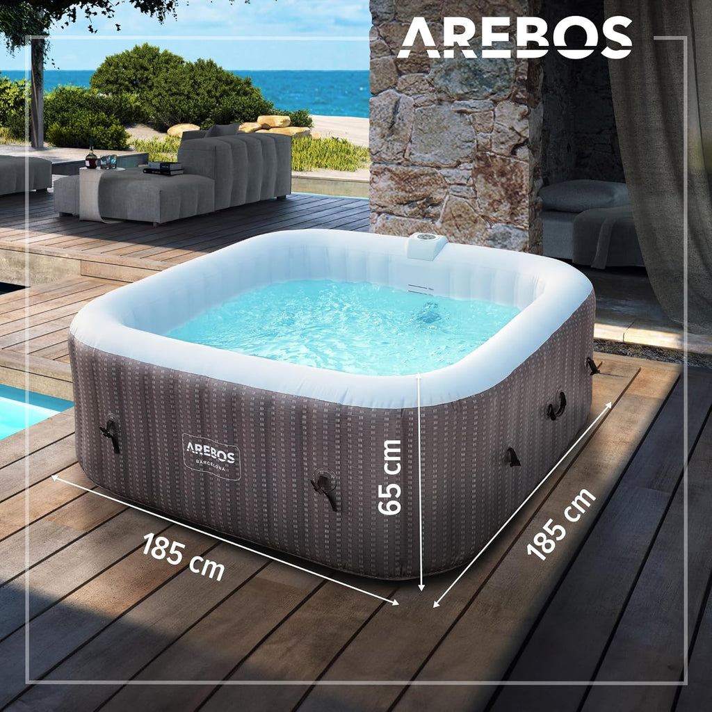 Arebos Spa whirlpool 2400W | Buitenzwembad | voor 6 personen, 185x185 cm | 130 massagestralen | 910 L met verwarming | Opblaasfunctie met één druk op de knop | Inclusief hoes | Bubble Spa & Wellness Massage