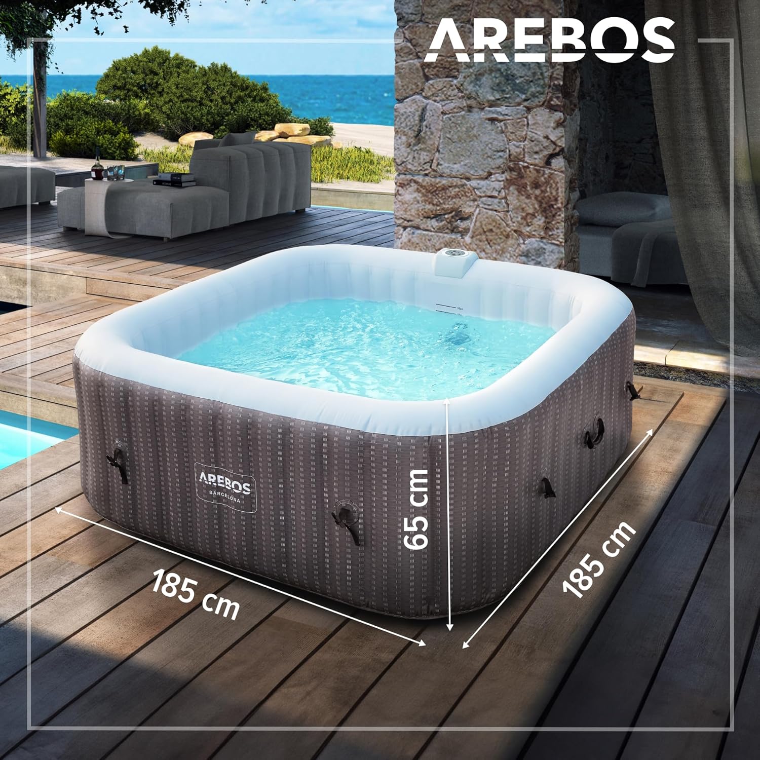 Arebos Spa whirlpool 2400W | Buitenzwembad | voor 6 personen, 185x185 cm | 130 massagestralen | 910 L met verwarming | Opblaasfunctie met één druk op de knop | Inclusief hoes | Bubble Spa & Wellness Massage