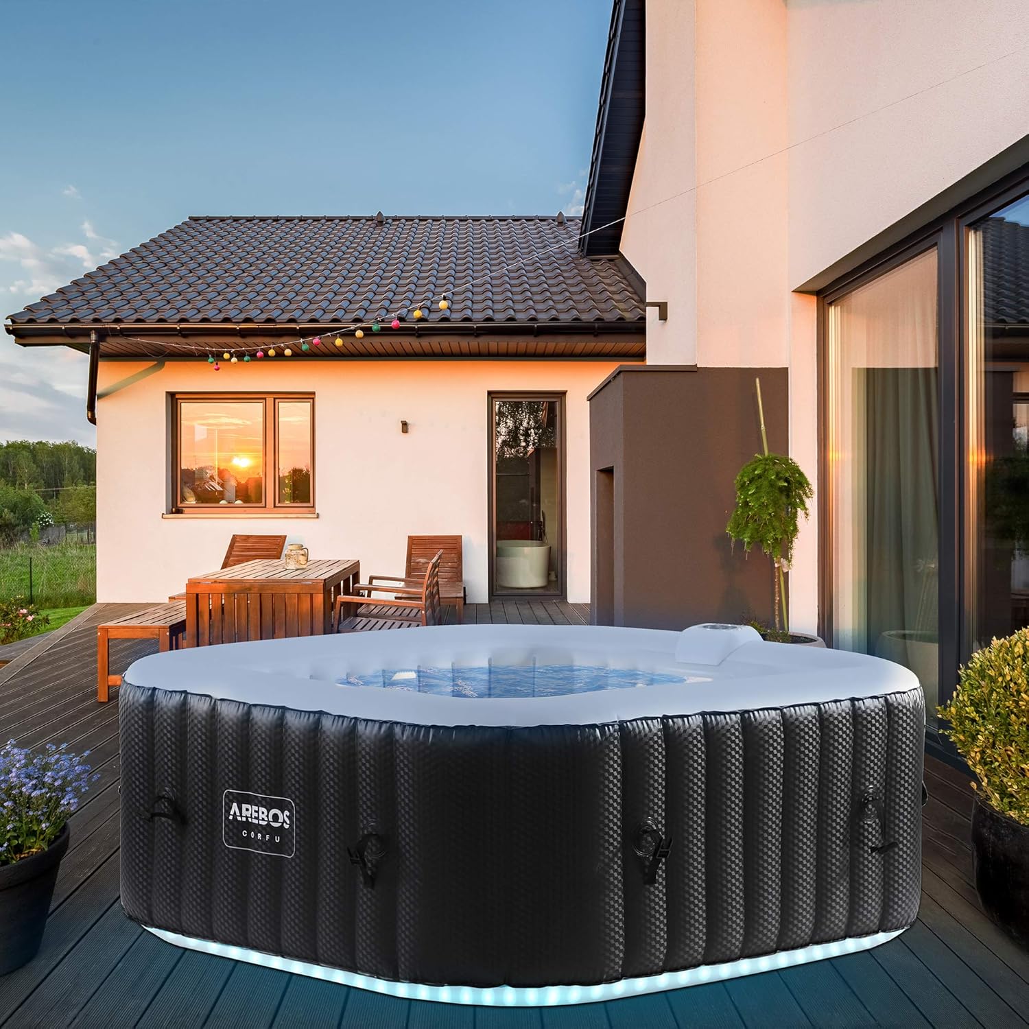 Arebos Whirlpool met LED-verlichting | 6 kleuren | Opblaasbaar | Vierkant | Binnen en buiten | Voor 4 personen | 100 massagestraalen | Met verwarming | 600 L | Inclusief hoes