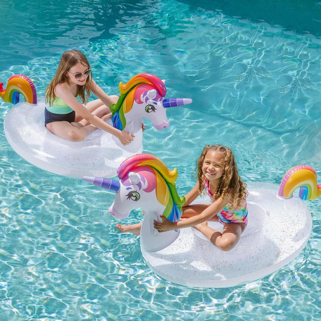 JOYIN Opblaasbare Eenhoorn Badfloat met Glitters, Schattige Strandvloeten, Zwemring voor volwassenen, Eenhoorn zwemtoy en loungevlot decoraties voor zomerfeesten en kinderen 60"x75