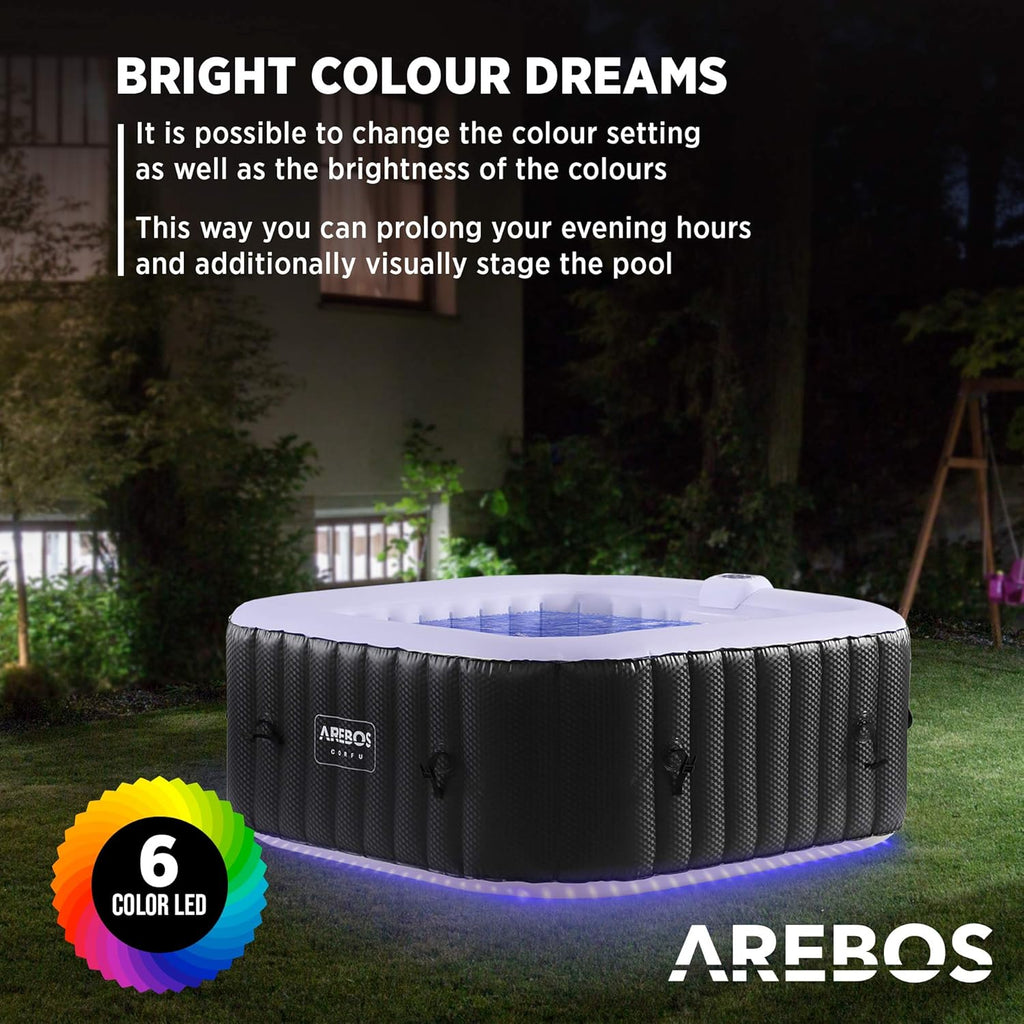 Arebos Whirlpool met LED-verlichting | 6 kleuren | Opblaasbaar | Vierkant | Binnen en buiten | Voor 4 personen | 100 massagestralen | Met verwarming | 600 L | Inclusief hoes