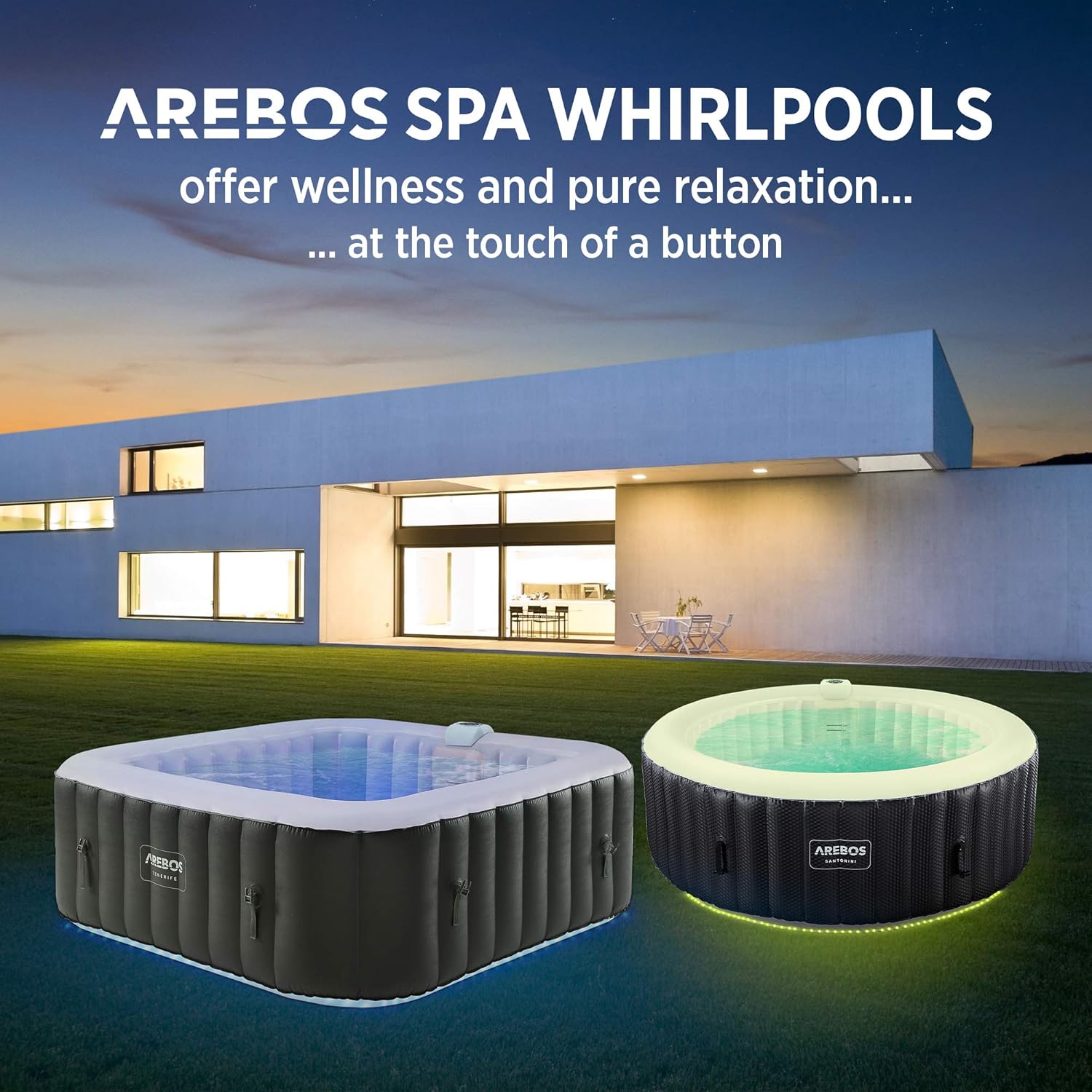 Arebos Spa Whirlpool 2400 W Automatisch opblaasbare indoor en outdoor spa voor 6 personen, 185 x 185 cm, LED-verlichting, 130 massagekoppen, 910 L, inclusief hoes: Hot Spa & Wellness Massage