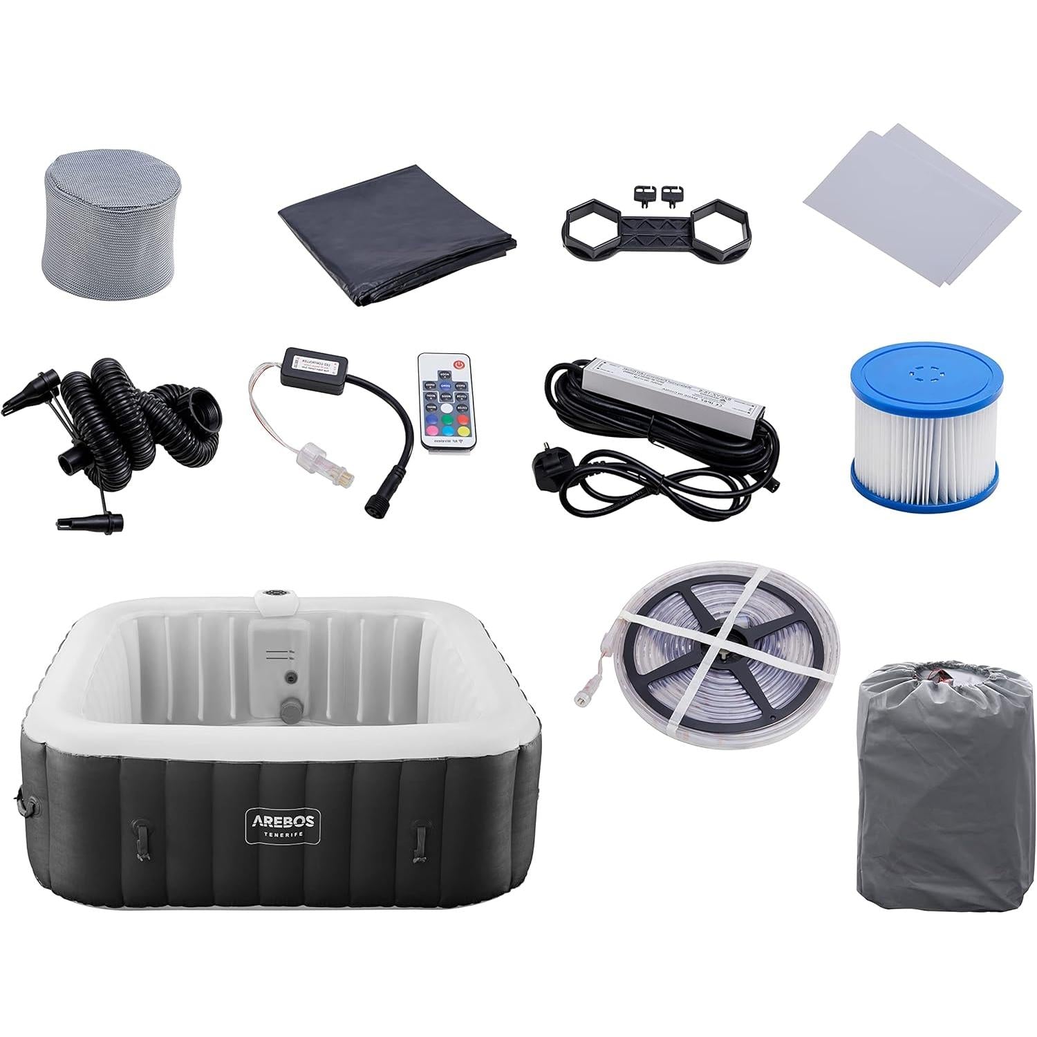 Arebos Spa Whirlpool 2400 W automatisch opblaasbare binnen- en buitenspa voor 6 personen, 185 x 185 cm, met LED-verlichting, 130 massagejets, 910 L, inclusief afdekzeil, Hot Spa & Wellnessmassage