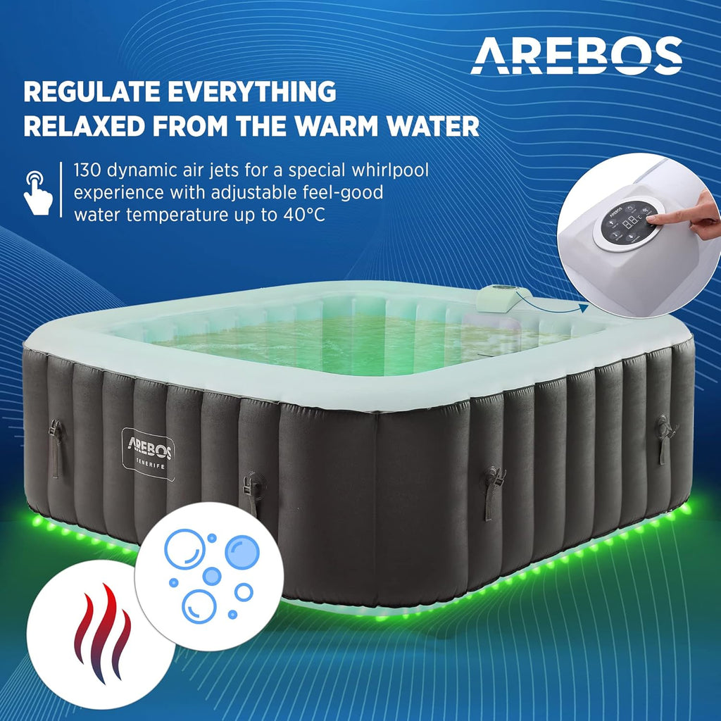 Arebos Spa Whirlpool 2400 W Automatisch opblaasbare binnen- en buitenwhirlpool voor 6 personen, 185 x 185 cm, LED-verlichting, 130 massagestralen, 910 L, inclusief hoes, Hot Spa & Wellness Massage