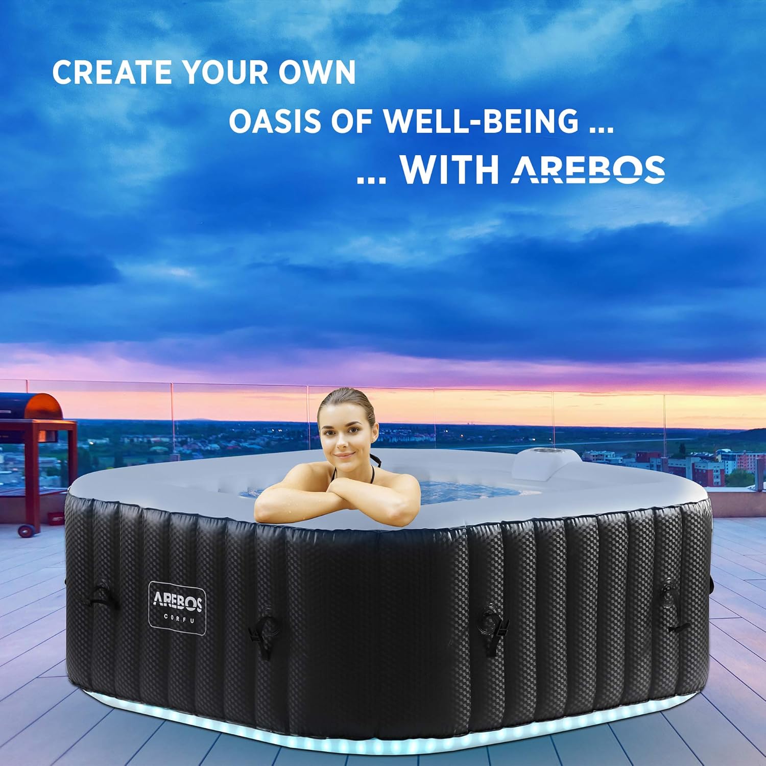Arebos Whirlpool met LED-verlichting | 6 kleuren | Opblaasbaar | Vierkant | Binnen en Buiten | Voor 4 personen | 100 massagestraalen | Met verwarming | 600 L | Inclusief hoes
