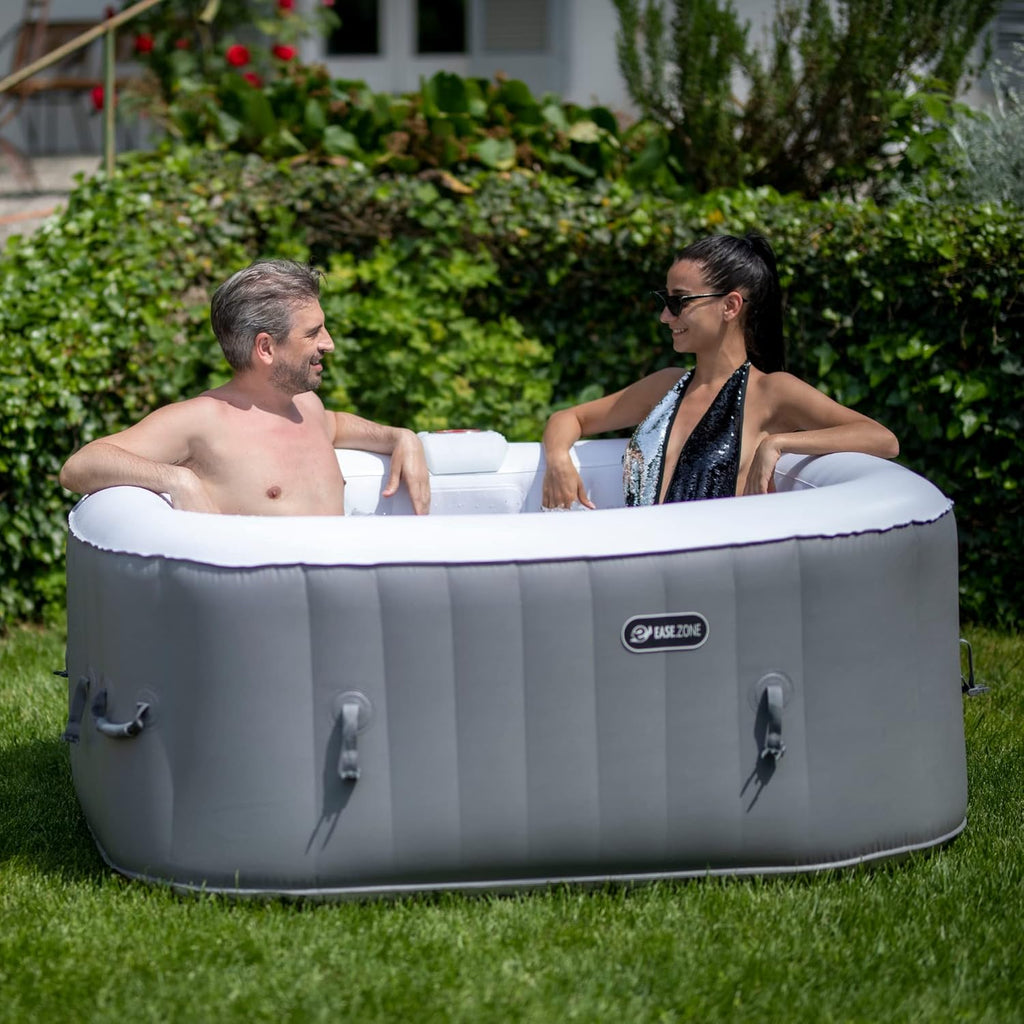 EASE.ZONE Opblaasbare Vierkante Verhittebare Whirlpool voor 4 personen 145 x 145 x 65 cm Zeer stille pomp Grijs