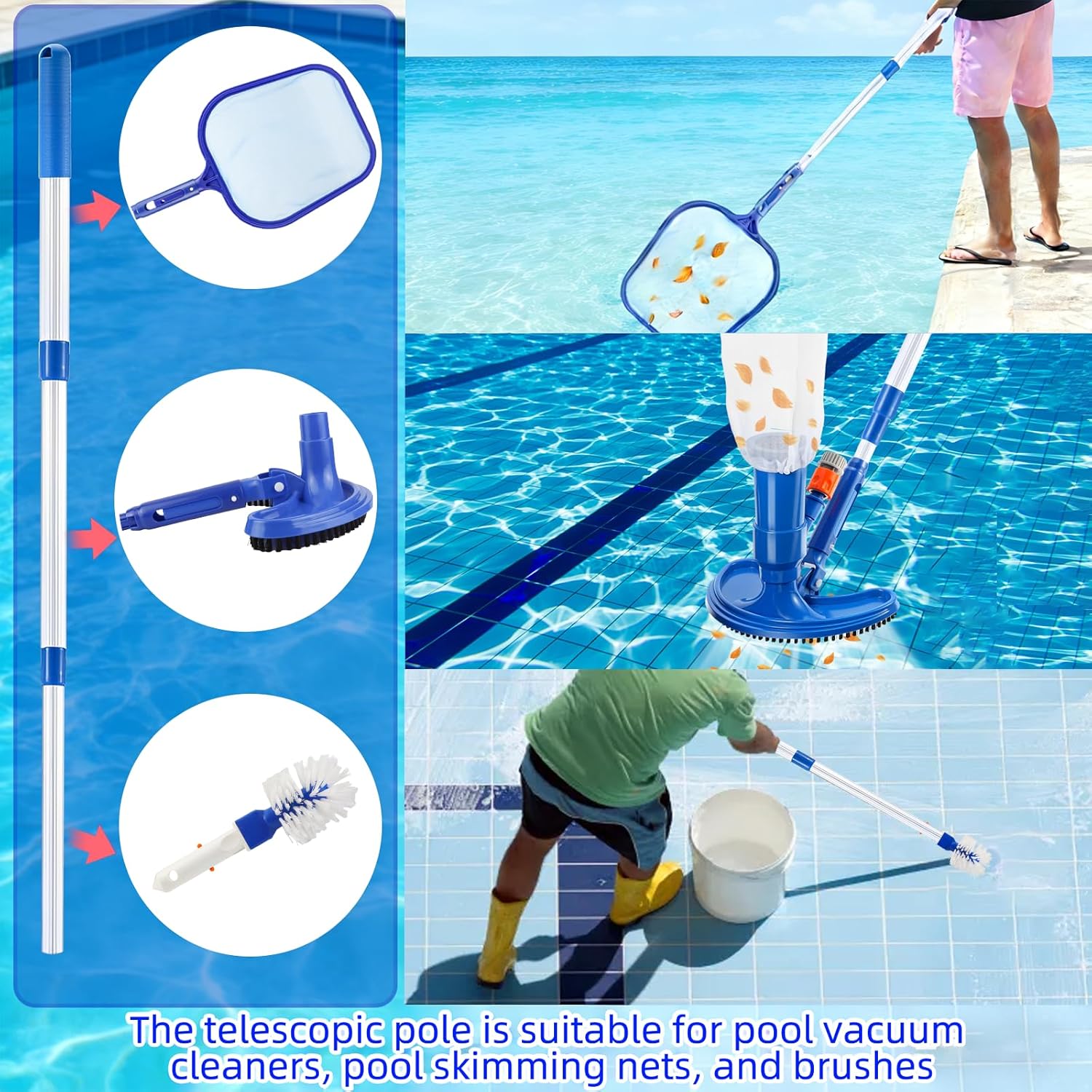 Poolreinigingsset, draagbare zwembadvacuümreiniger met straalvacuümkop, zwembadverzorgingsset met verstelbare telescopische staaf, schuurborstel en schimmernet voor zwembadreiniging, bladeren, vuil, zand, modder