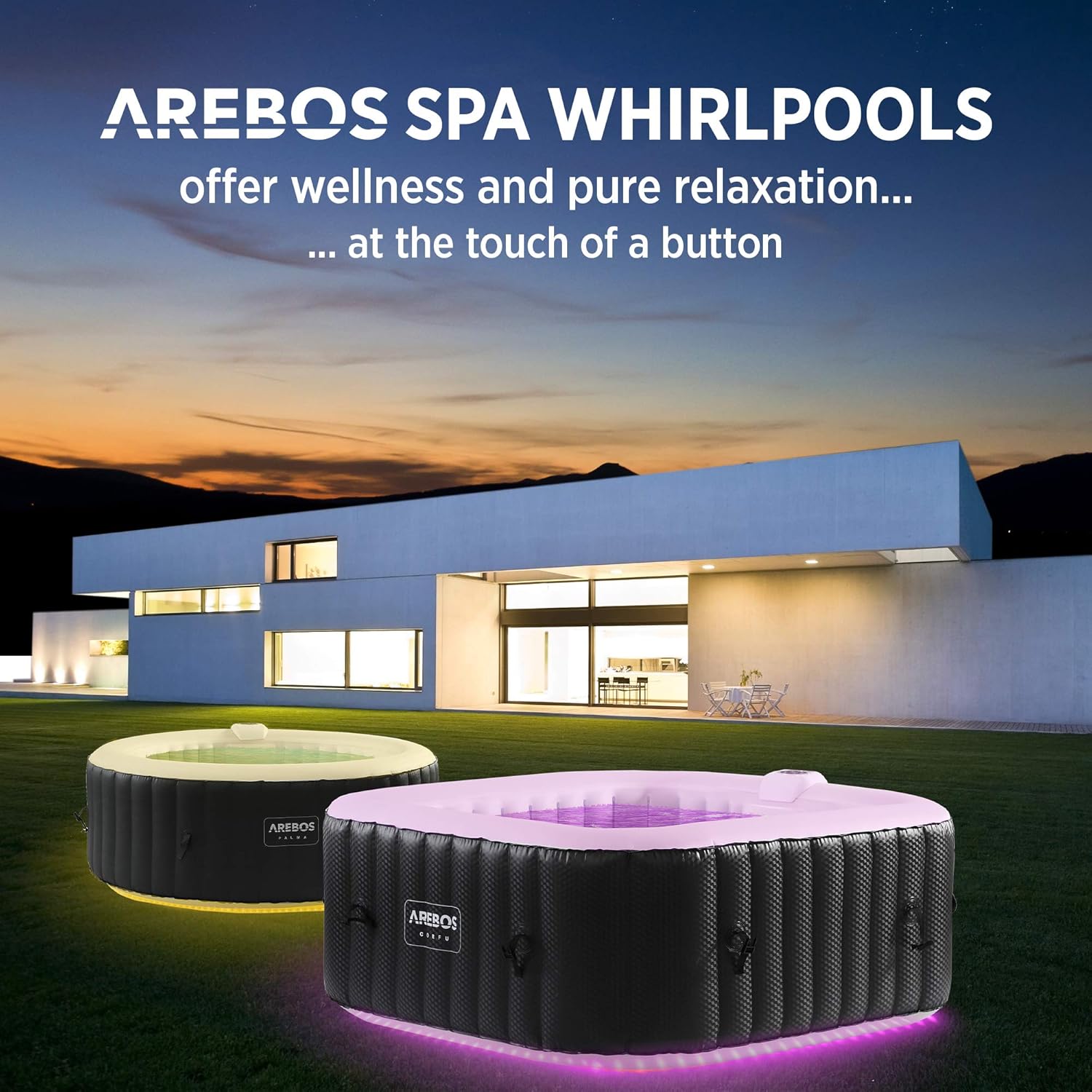 Arebos Whirlpool met LED-verlichting | 6 kleuren | Opblaasbaar | Vierkant | Binnen en buiten geschikt | Voor 4 personen | 100 massagestralen | Met verwarming | 600 L | Inclusief afdekhoes