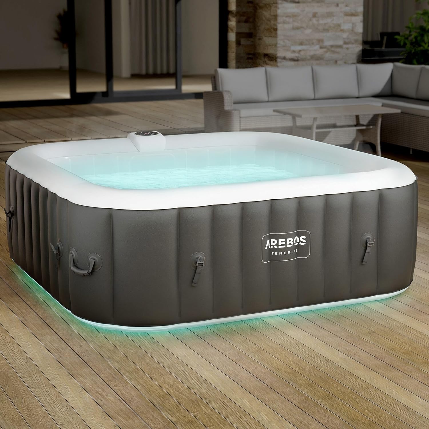 Arebos Spa Whirlpool 2400 W Automatisch opblaasbare binnen- en buitenwhirlpool voor 6 personen, 185 x 185 cm, LED-verlichting, 130 massagestralers, 910 L, inclusief hoes Hot Spa & Wellness Massage
