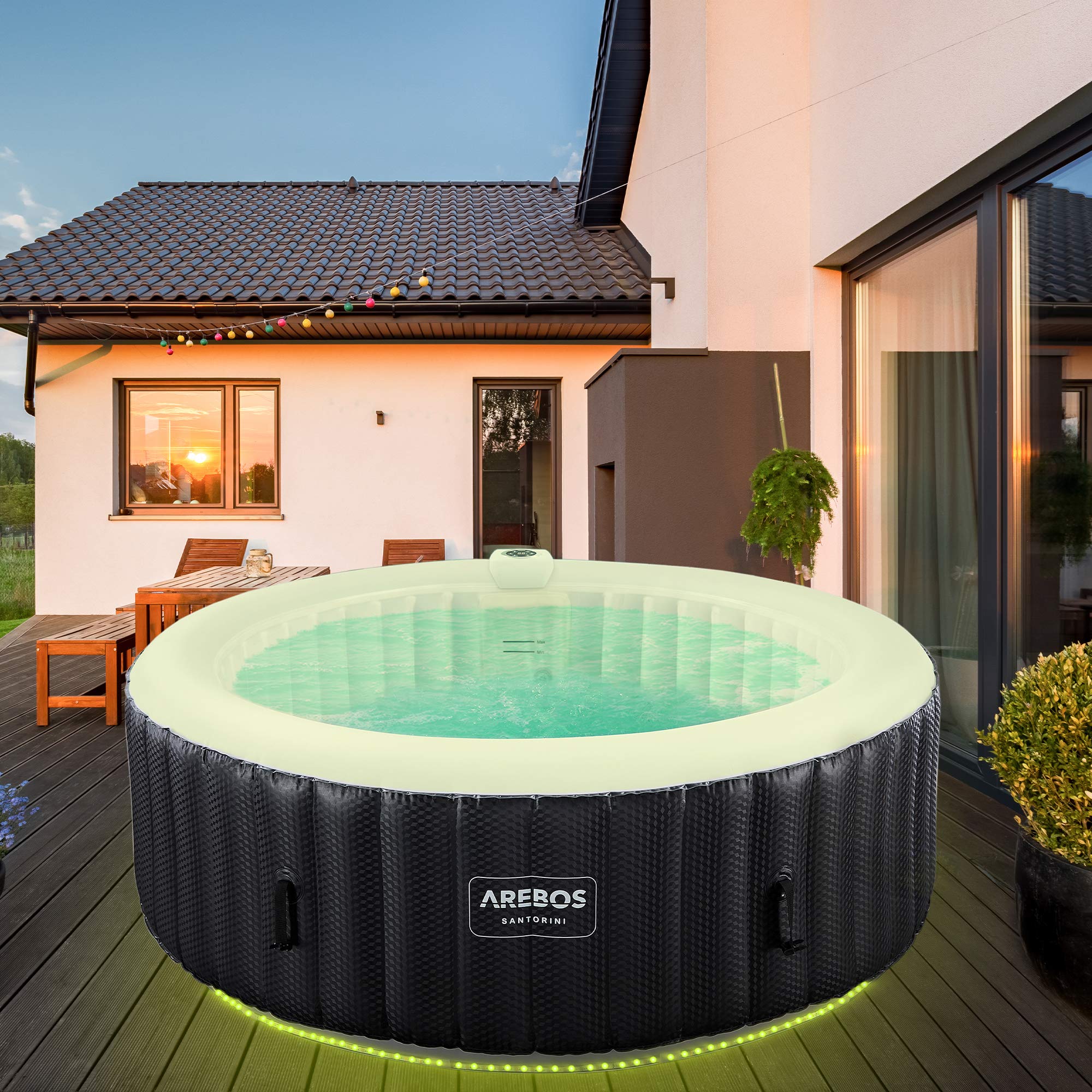 Arebos Spa Whirlpool 2400 W automatisch opblaasbare binnen- en buitenwhirlpool voor 6 personen, 185 x 185 cm, LED-verlichting, 130 massagestralen, 910 L, inclusief beschermhoes, Hot Spa & Wellness-massage
