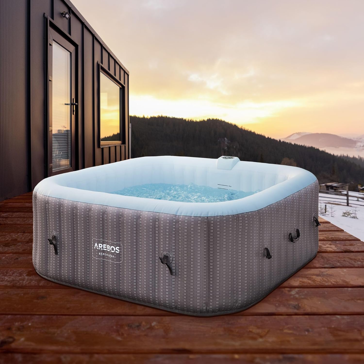 Arebos Spa whirlpool 2400W | Buitenspa | Voor 6 personen, afmetingen 185x185 cm | 130 massagestraalen | 910 L met verwarming | Opblaasbaar met één druk op de knop | Inclusief beschermhoes | Bubble Spa & Wellness Massage
