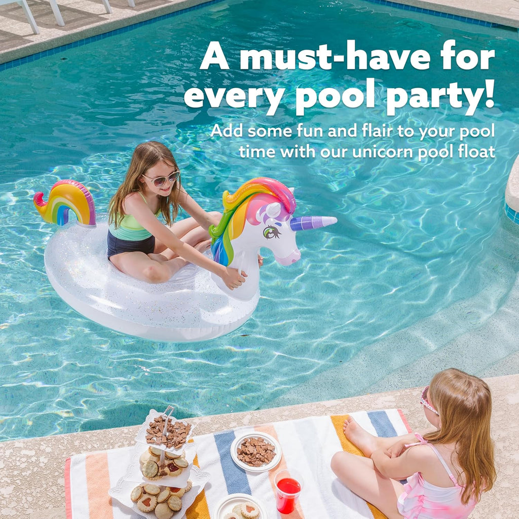 JOYIN Opblaasbare Eenhoorn Badfloat met Glitters, Schattige Strandvloaten, Zwemring voor Volwassenen, Eenhoorn Badspeelgoed en Loungeraft Decoraties voor Zomerfeesten - Voor Kinderen 60"x75