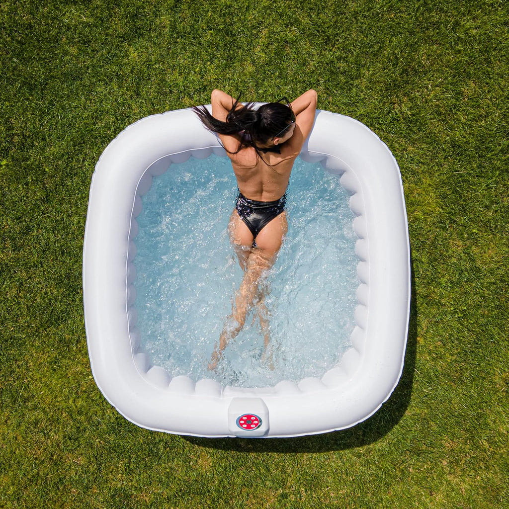 EASE.ZONE Opblaasbare vierkante verwarmde whirlpool voor 4 personen, 145 x 145 x 65 cm, zeer stille pomp, grijs