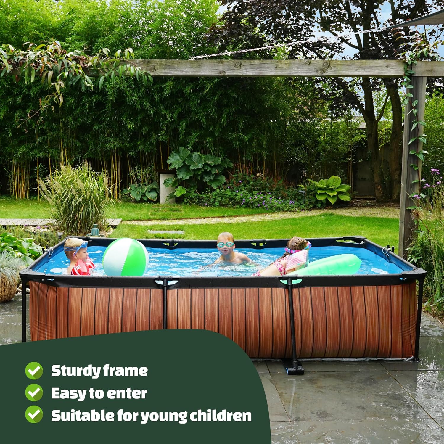 EXIT Toys Houten Zwembad - 220x150x65cm - Rechthoekig, compact frame zwembad met patroonfilterpomp - Eenvoudig toegankelijk - Geschikt voor peuters - Stevend frame - Uniek design - Bruin