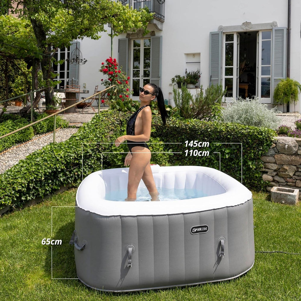 EASE.ZONE Opblaasbare vierkante verhittebare whirlpool voor 4 personen met een zeer stille pomp, 145 x 145 x 65 cm, grijs