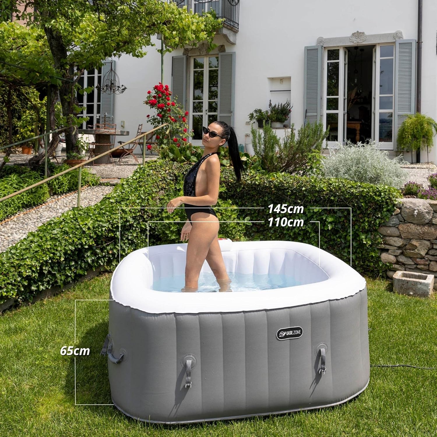 EASE.ZONE Opblaasbare vierkante verhittebare whirlpool voor 4 personen met een zeer stille pomp, 145 x 145 x 65 cm, grijs