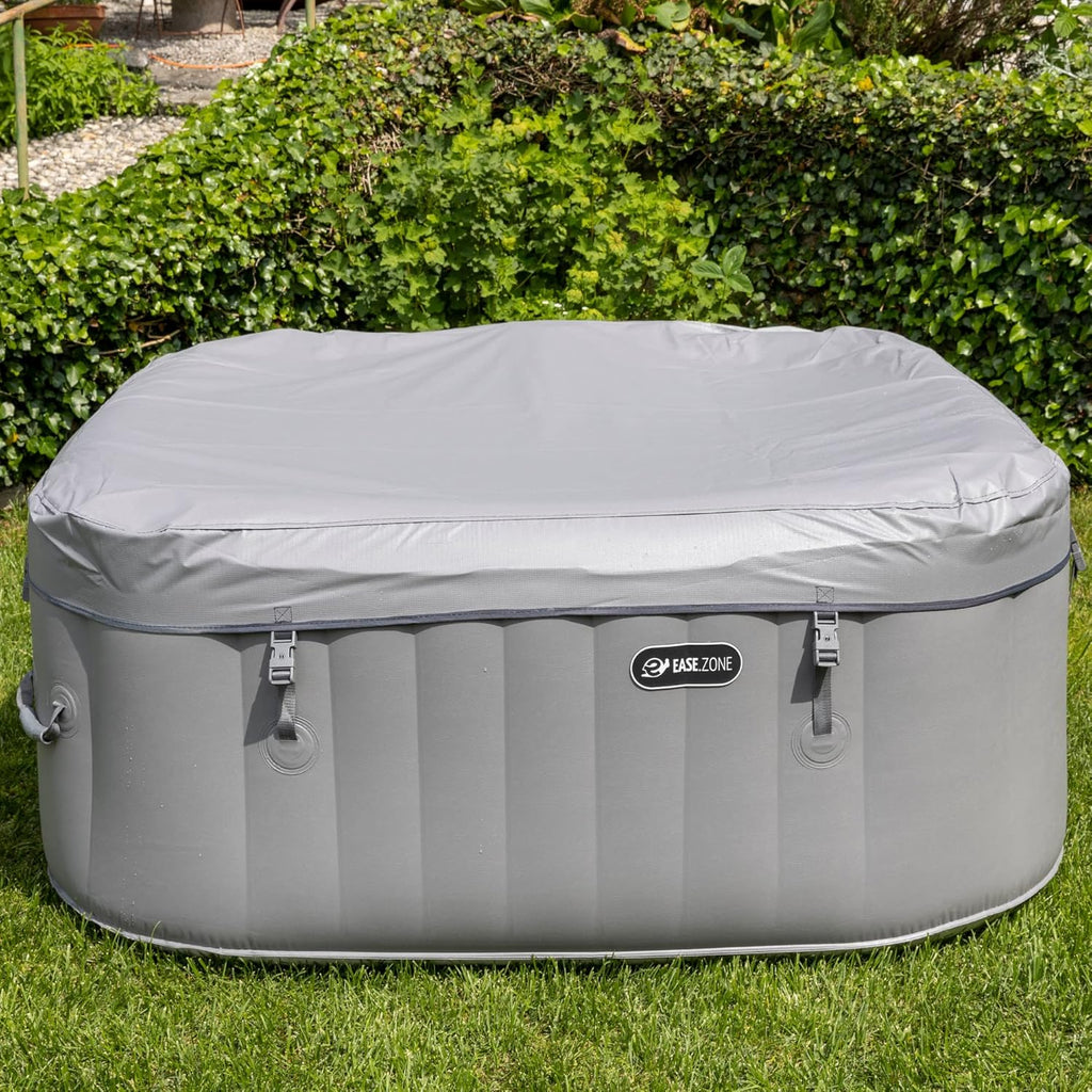 EASE.ZONE Opblaasbare vierkante verhitte whirlpool voor 4 personen, 145 x 145 x 65 cm, zeer stille pomp, grijs