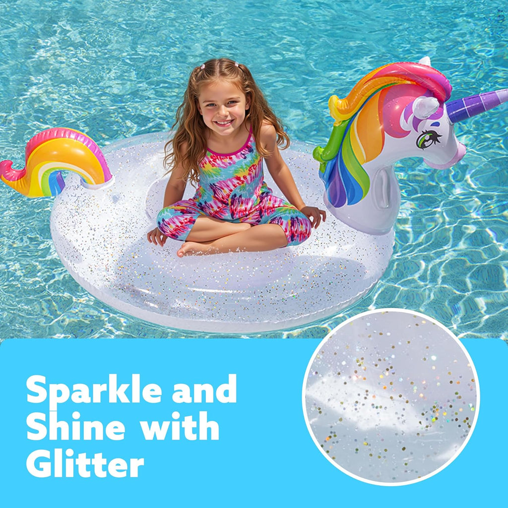 JOYIN Opblaasbare Eenhoorn Zwembadfloat met glitters, schattige strandfloats, volwassen zwemring eenhoorn zwemtoy voor zomerfeesten en loungevlot decoraties voor kinderen, 60"x75