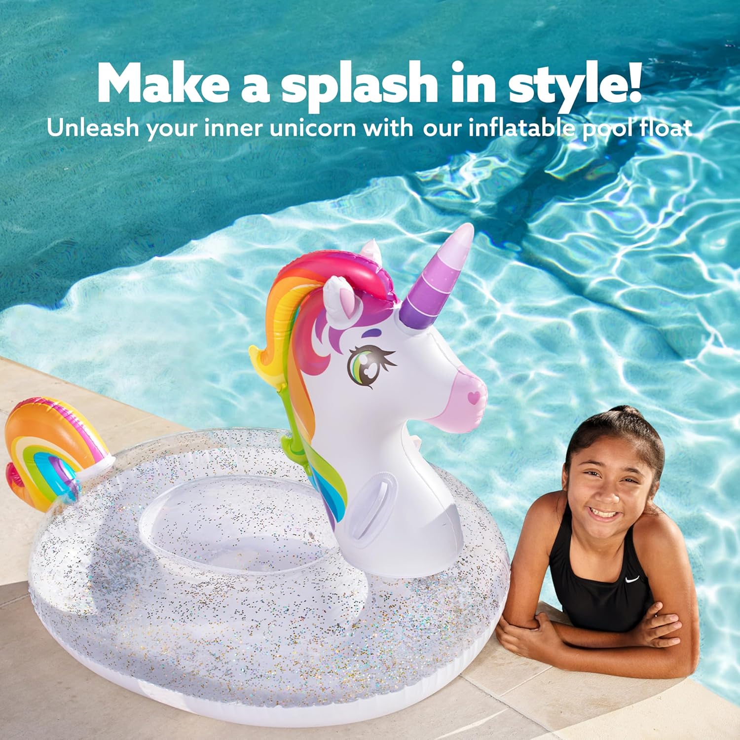 JOYIN Opblaasbare Eenhoorn Badfloat met Glitters, Schattige Stranddrijvers, Volwassen Zwemring Eenhoorn Badspeelgoed, Zomerfeest Lounge Raft Decoraties voor Kinderen 60"x75